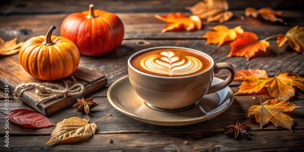 A warm cup of latte art coffee surrounded by pumpkins and autumn leaves on a rustic wooden table. A warm cup of latte art coffee surrounded by pumpkins and autumn leaves on a rustic wooden table.