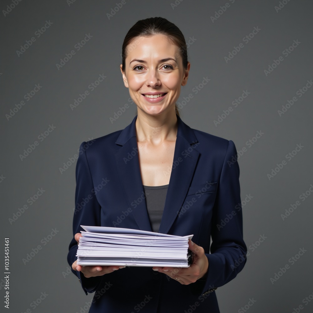Image features a mature businesswoman clutching documents in a professional setting Image features a mature businesswoman clutching documents in a professional setting