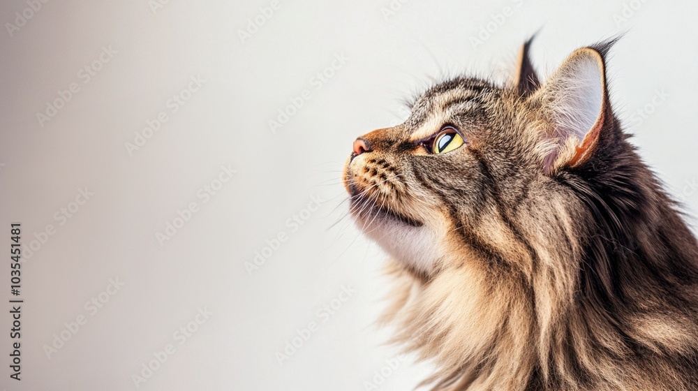 Majestic long-haired tabby cat with piercing green eyes gazes upward intently, its fluffy fur and whiskers highlighted against a soft, neutral background. Majestic long-haired tabby cat with piercing green eyes gazes upward intently, its fluffy fur and whiskers highlighted against a soft, neutral background.