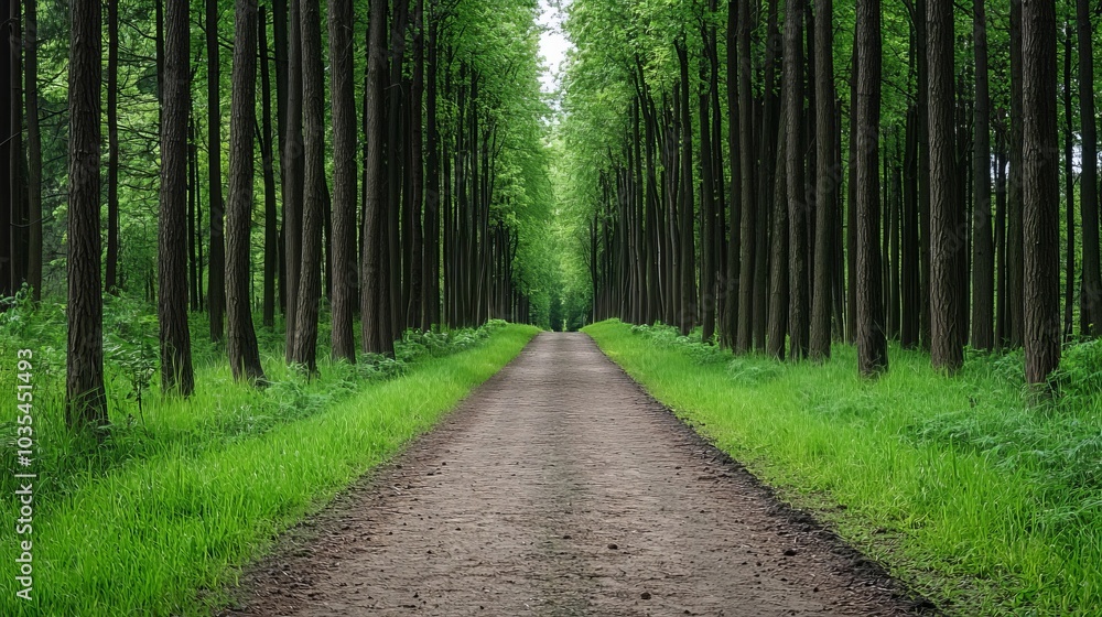 Fototapeta premium A tranquil forest path lined with tall trees, creating a serene green tunnel inviting exploration.
