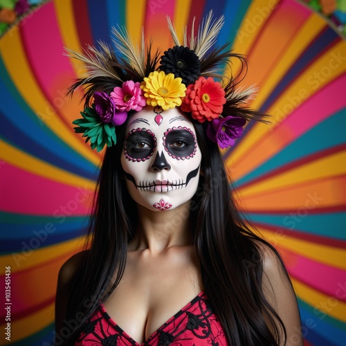 A Mexican Death Mask La Catrina is depicted during Day of the Dead and Halloween celebrations