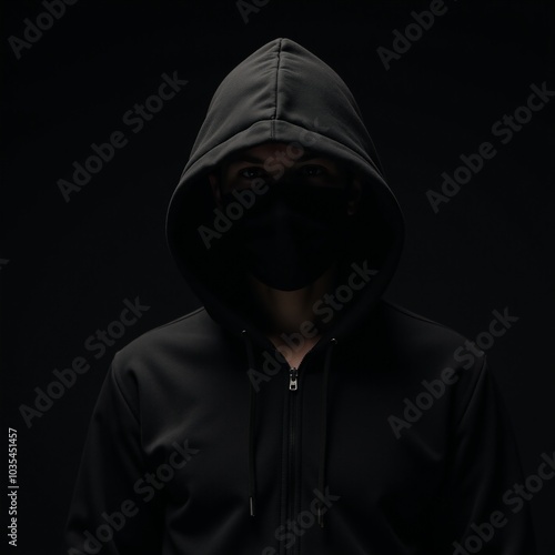 Computer Hacker Black-hooded figure in Dark Moody Background