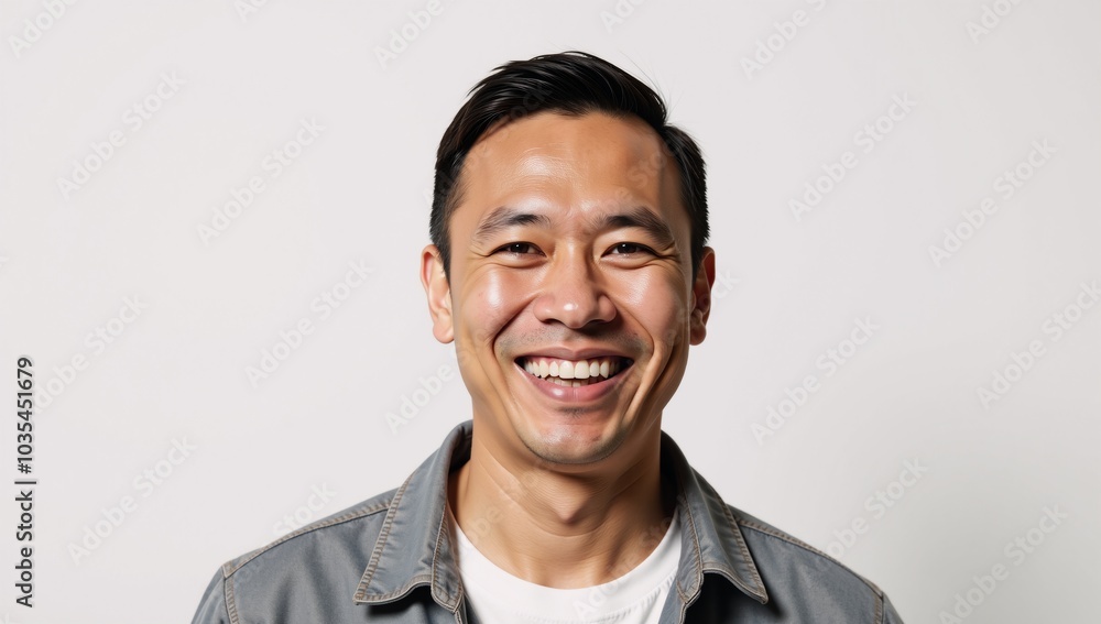 A Hawaiian man laughs uncontrollably at the camera against a simple white backdrop the background features an advertisement banner A Hawaiian man laughs uncontrollably at the camera against a simple white backdrop the background features an advertisement banner