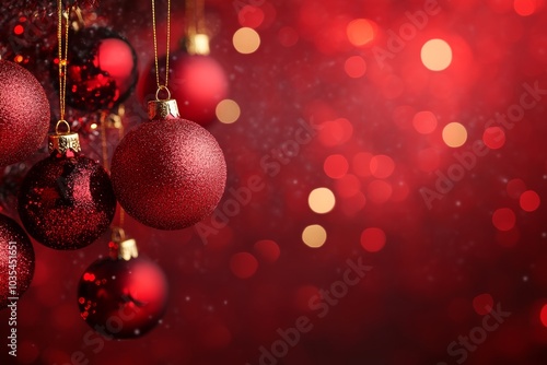 Festive Red Christmas Ornaments with Glittering Bokeh Background