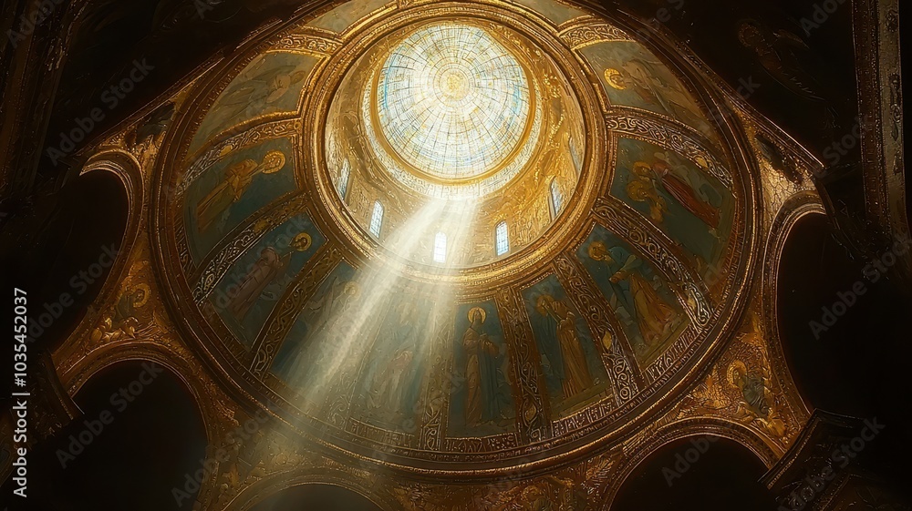 Obraz premium A stunning view of a beautifully designed dome illuminated by rays of sunlight, showcasing intricate artwork and religious symbols. Perfect for spiritual and architectural themes.
