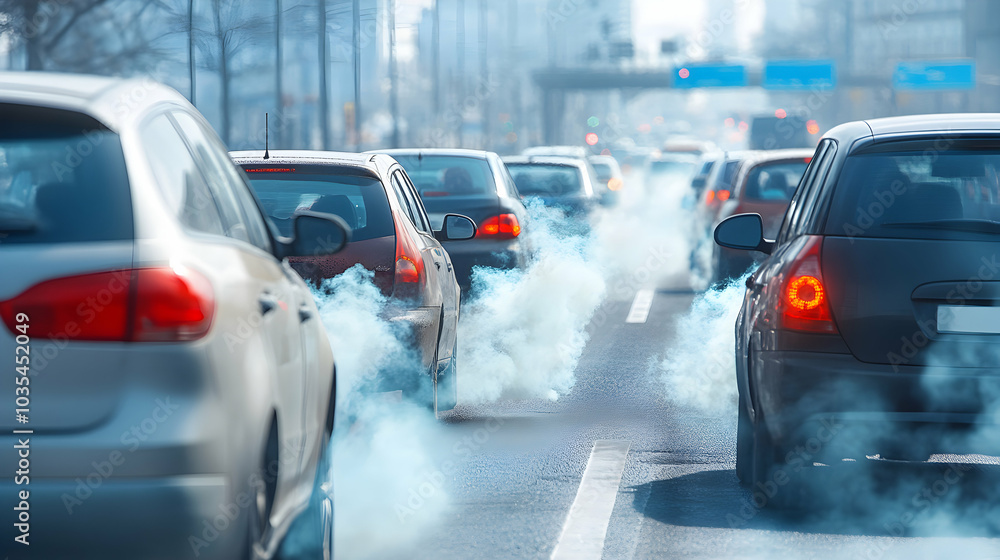 Fototapeta premium Busy Highway Scene with Numerous Cars Emitting Exhaust Fumes During Daytime