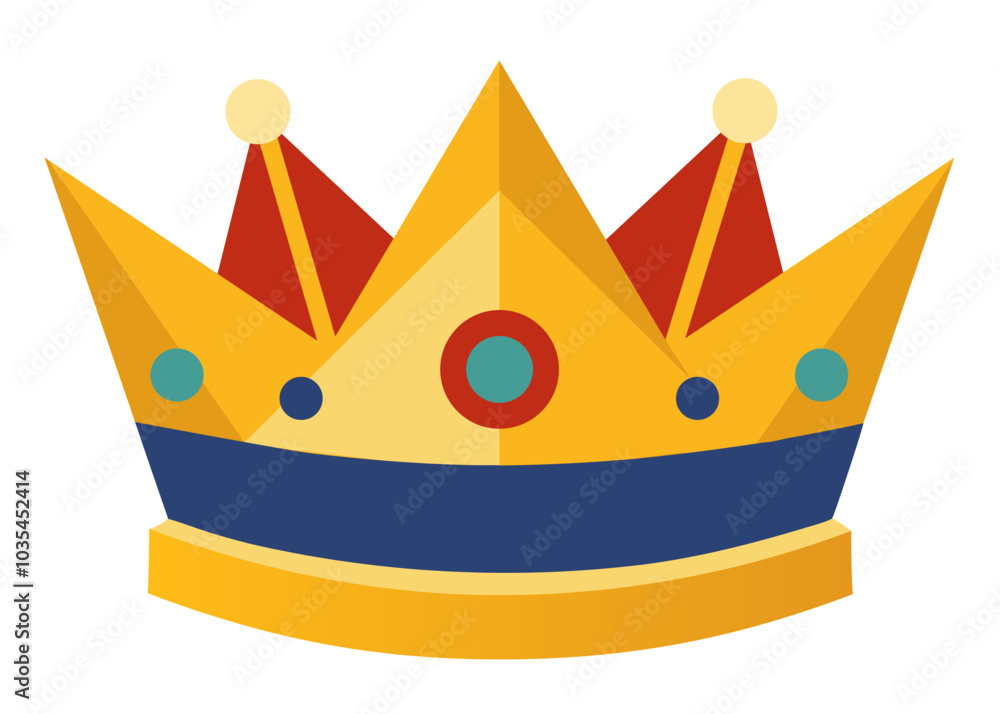 A yellow crown with blue and red accents. The crown is made of paper and has a blue ribbon A yellow crown with blue and red accents. The crown is made of paper and has a blue ribbon