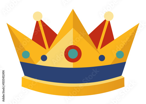 A yellow crown with blue and red accents. The crown is made of paper and has a blue ribbon