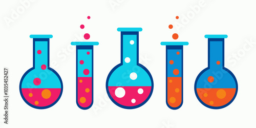 A row of five beakers with different colored liquids in them. The beakers are arranged in a row, with the first one on the left and the last one on the right. The colors of the liquids vary