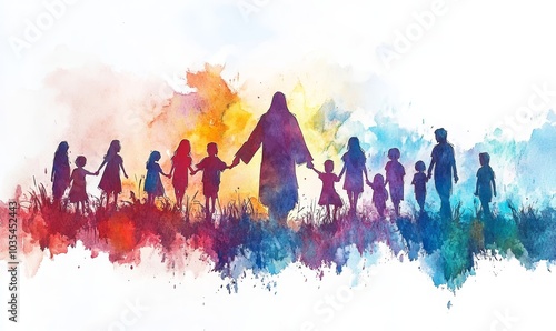 People holding hands with Jesus Christ. Digital watercolor painting, Generative AI