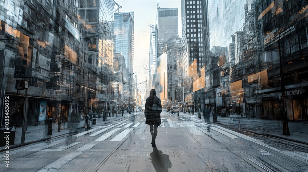 A 3D person walking along a 2D illustrated street blending reality and art A 3D person walking along a 2D illustrated street blending reality and art