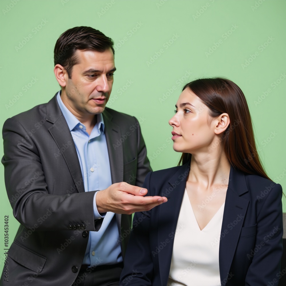 Mentor meeting with employee seeking guidance Manager Employee on light green background Mentor meeting with employee seeking guidance Manager Employee on light green background