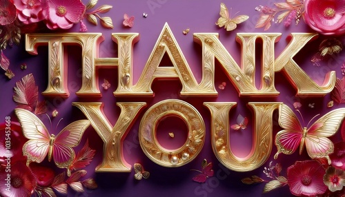 close up "Thank you" in vivid red letters .Each letter is elegantly decorated with intricate golden flowers, adding a touch of sophistication.