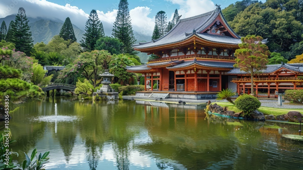 Traditional Asian pagoda next to a tranquil pond Traditional Asian pagoda next to a tranquil pond