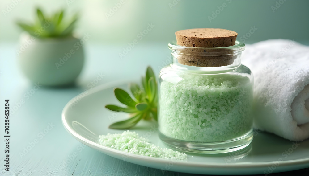 Relaxing spa scene featuring jar of green bath salts, soft towel, and succulent plant on plate, creating tranquil atmosphere Relaxing spa scene featuring jar of green bath salts, soft towel, and succulent plant on plate, creating tranquil atmosphere