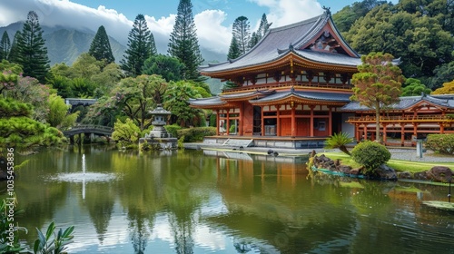 Traditional Asian pagoda next to a tranquil pond