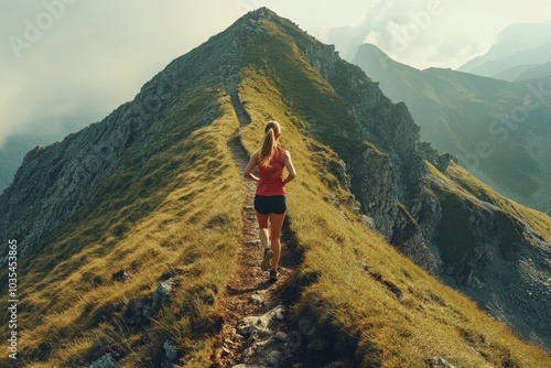 Woman Trail Running. Female Athlete Exercising in the Outdoors on Mountain Path photo