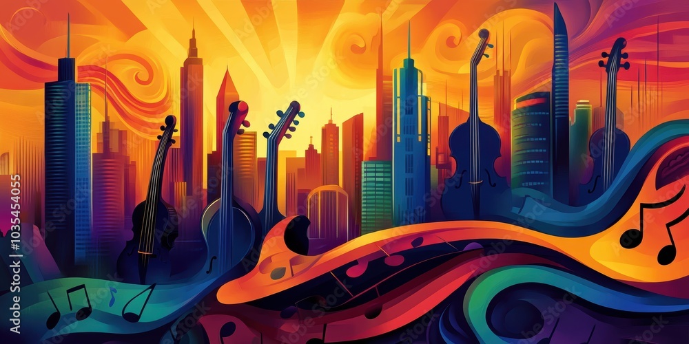 Silhouettes of string instruments and skyscrapers. Silhouettes of string instruments and skyscrapers.