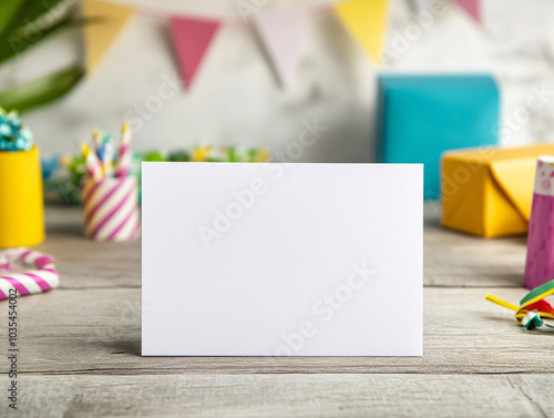 Party or birthday background. frame with colorful balloon, gift box, carnival cap, confetti, candy and streamer on table Holiday mockup.
