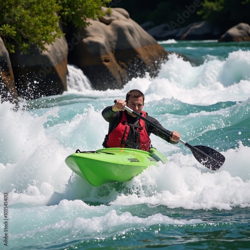 Extreme whitewater kayaking scene photo