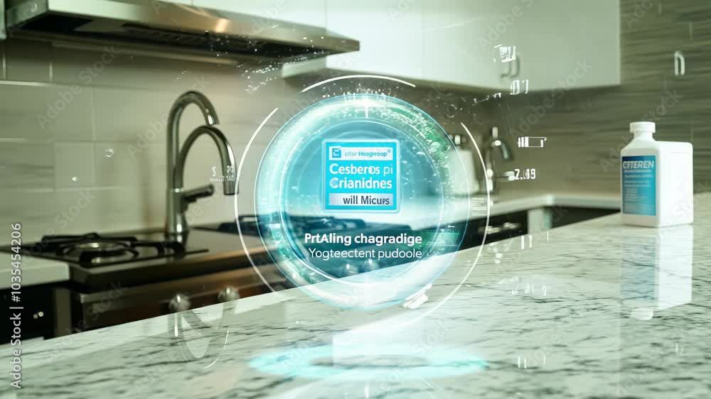modern kitchen with a digital interface highlighting a cleaning product, emphasizing cleanliness and advanced technology modern kitchen with a digital interface highlighting a cleaning product, emphasizing cleanliness and advanced technology