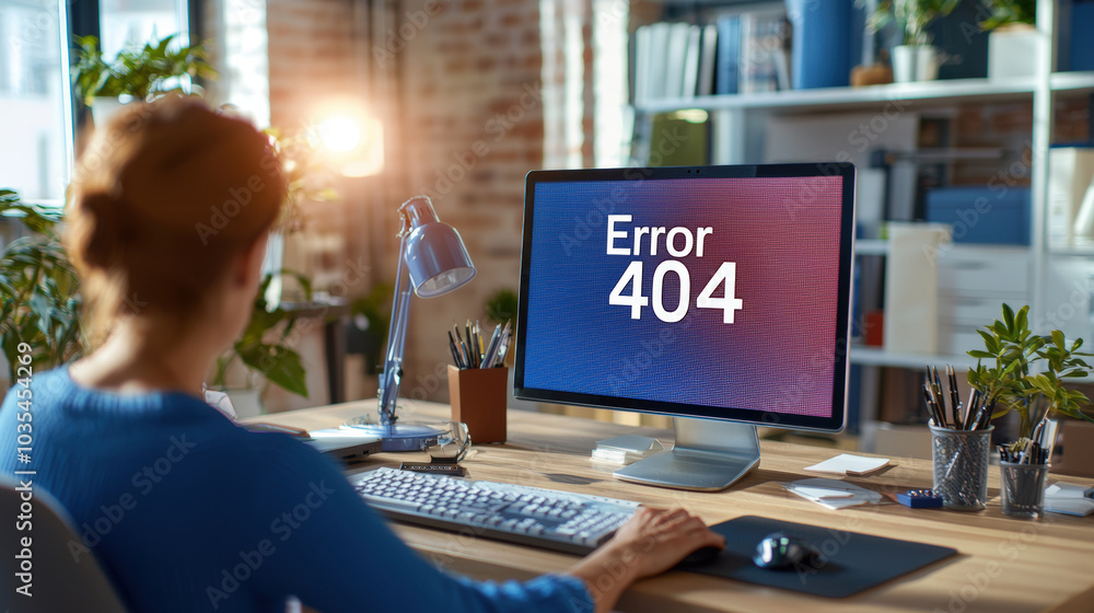 person sitting at desk facing computer displaying Error 404 message, surrounded by plants and office supplies, creating focused work environment person sitting at desk facing computer displaying Error 404 message, surrounded by plants and office supplies, creating focused work environment