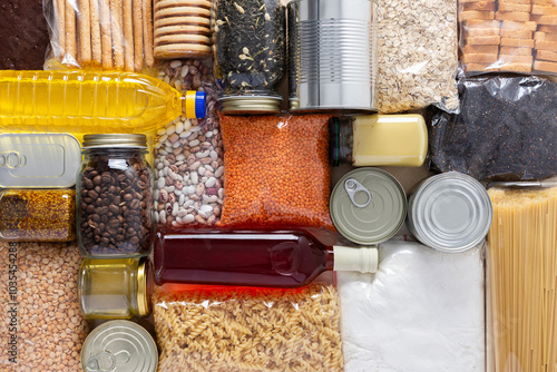 Bilde på lerret Home food supplies for quarantine and isolation, including canned food, cereals,