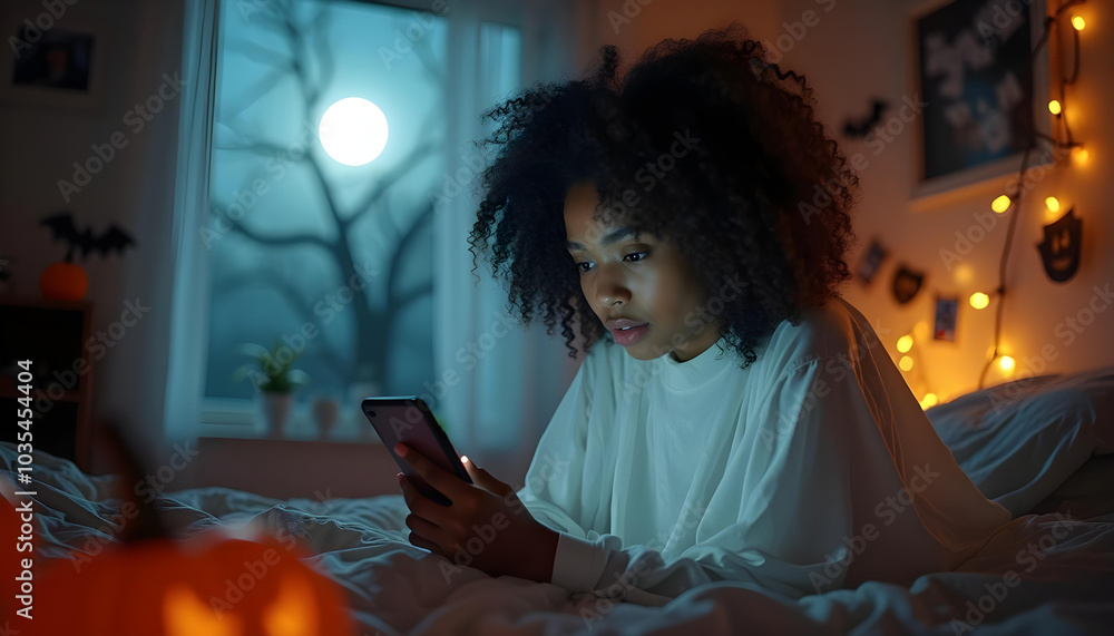 young woman with curly hair is sitting on bed, absorbed in her phone, surrounded by cozy, dimly lit room decorated for Halloween. moonlight shines through window, creating serene atmosphere young woman with curly hair is sitting on bed, absorbed in her phone, surrounded by cozy, dimly lit room decorated for Halloween. moonlight shines through window, creating serene atmosphere