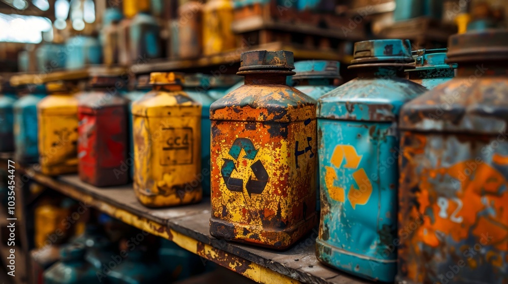 Sealed containers of toxic waste, hazardous material warning signs Sealed containers of toxic waste, hazardous material warning signs