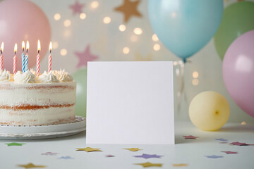Party or birthday background. frame with colorful balloon, gift box, carnival cap, confetti, candy and streamer on table Holiday mockup.
