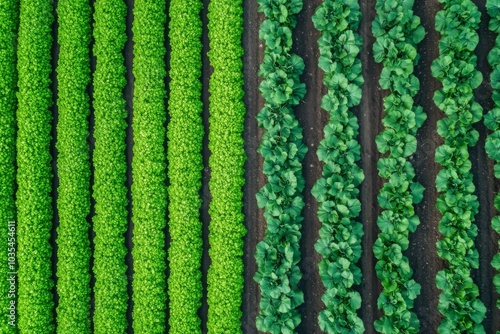 Aerial view of vibrant green lettuce rows, showcasing agricultural symmetry and healthy crops.