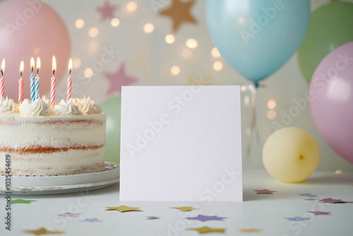 Party or birthday background. frame with colorful balloon, gift box, carnival cap, confetti, candy and streamer on table Holiday mockup.
 photo