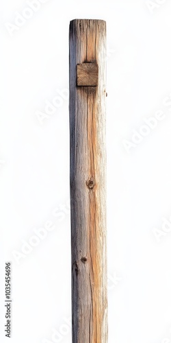 Wooden Pole Isolated on White Background. Retro Vintage Telegraph Pole in Old Wood photo