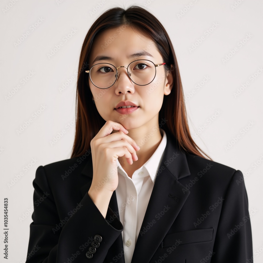 An Asian woman in glasses adopts an intellectual expression under warm lighting framed against a white backdrop An Asian woman in glasses adopts an intellectual expression under warm lighting framed against a white backdrop