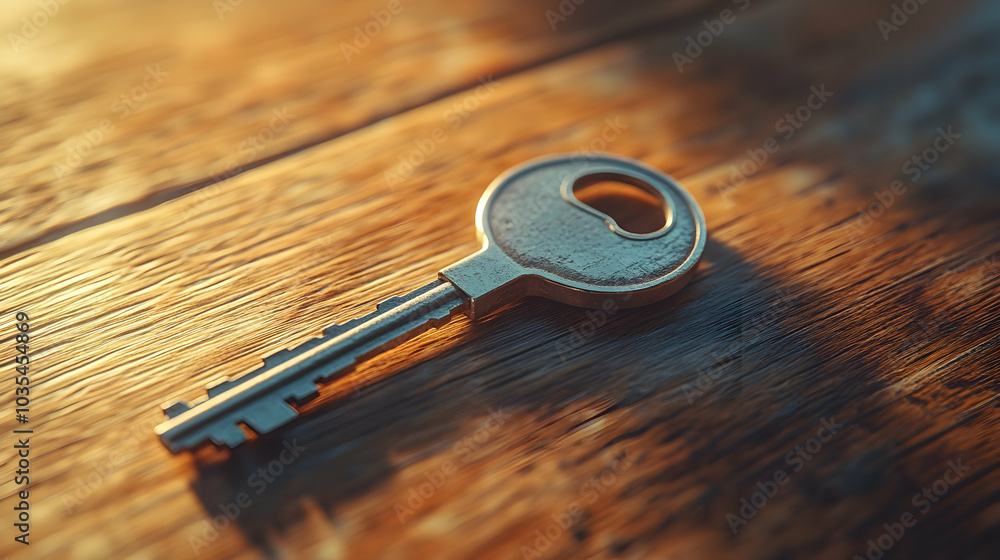 Close-Up of a Shiny Silver Key Resting on a Natural Wooden Surface, Capturing the Intricacies of Metal and Wood Textures Close-Up of a Shiny Silver Key Resting on a Natural Wooden Surface, Capturing the Intricacies of Metal and Wood Textures