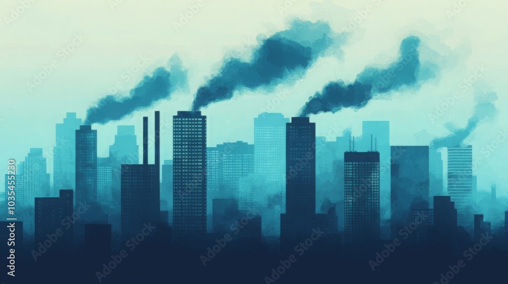 A hazy skyline of urban buildings emits dark smoke, symbolizing pollution and environmental concerns in a cityscape setting. A hazy skyline of urban buildings emits dark smoke, symbolizing pollution and environmental concerns in a cityscape setting.