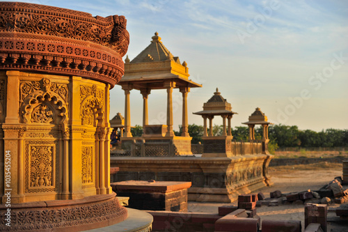 Cenotaphs of Royal families carved in sandstone at Chhatardi, Gujarat, India. photo