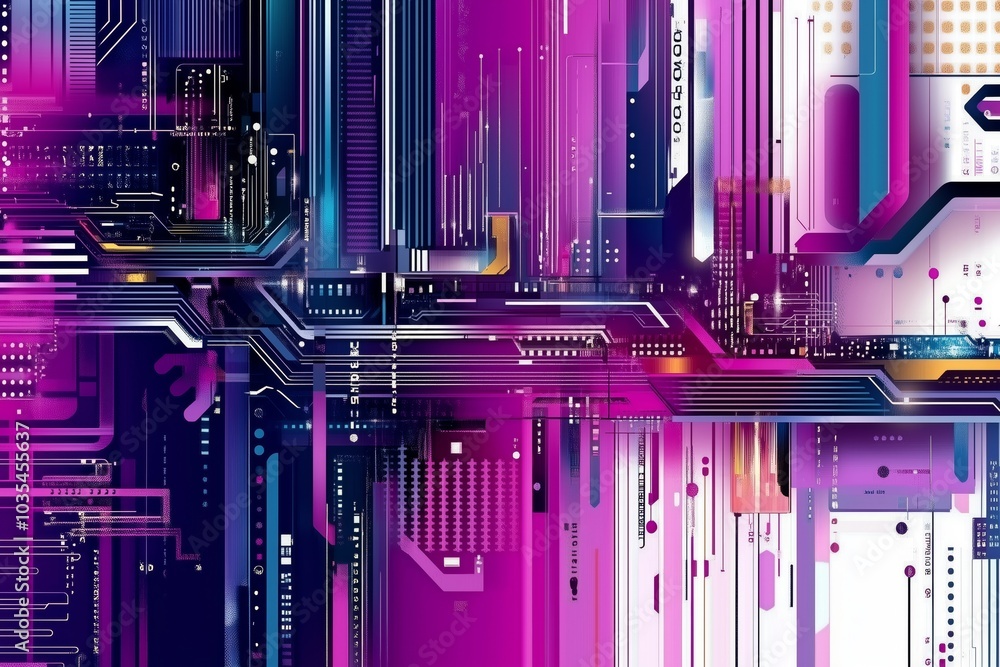Fototapeta premium Vibrant abstract technology background with intricate circuitry in pink and blue hues.
