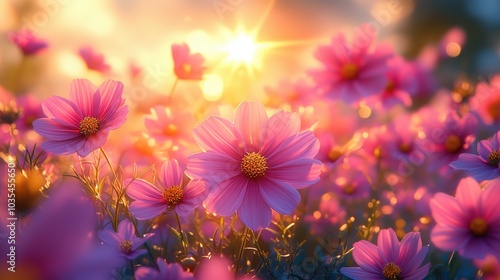 Beautiful spring meadow background with colorful cosmos flowers and sunlight, blurred bokeh