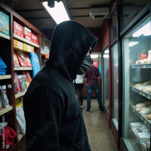 A hooded figure depicted as a retail robber committing urban crime at night photo