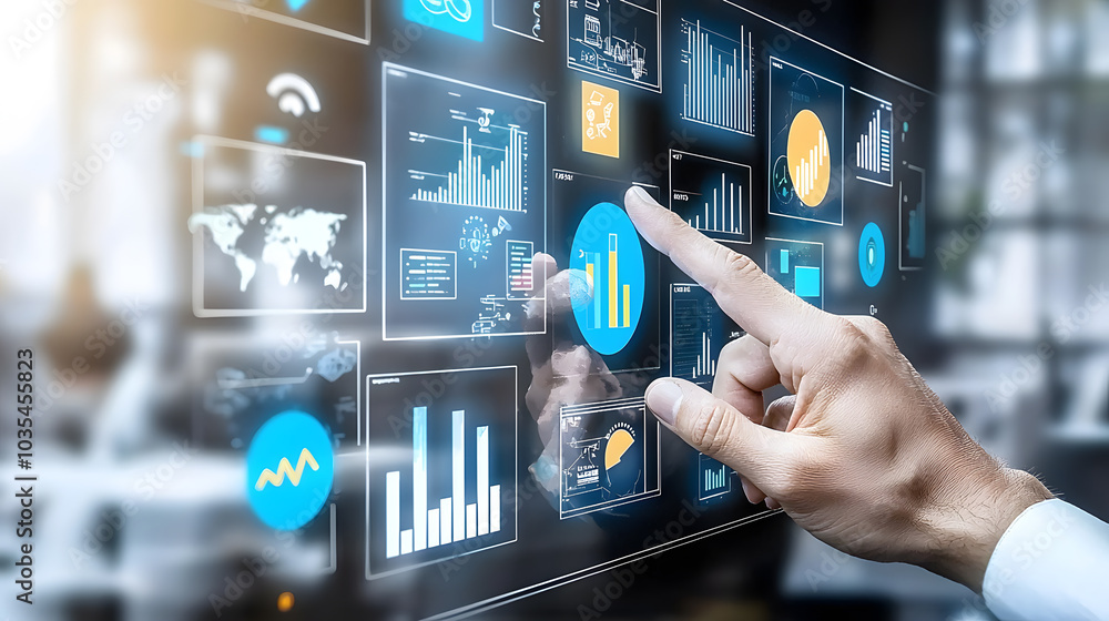Male hand interacting with digital data on screen. Male hand interacting with digital data on screen.