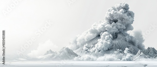 Spectacular volcanic eruption with dark smoke and ash clouds rising amidst a snowy landscape, creating a dramatic contrast against a misty backdrop. photo