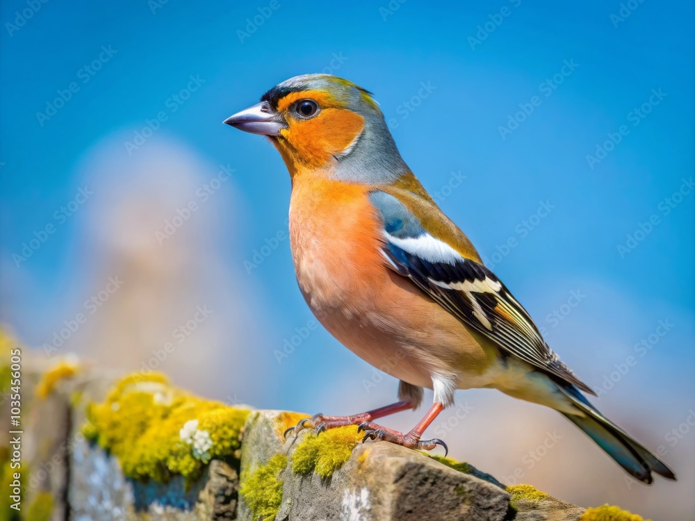 The male chaffinch (Fringilla coelebs) sits on a wall against a clear blue sky, capturing the essence of wildlife photography and the charm of avian species. The male chaffinch (Fringilla coelebs) sits on a wall against a clear blue sky, capturing the essence of wildlife photography and the charm of avian species.