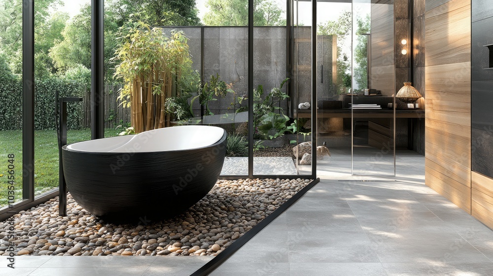 Fototapeta premium An elegant bathroom with a pebble garden floor design