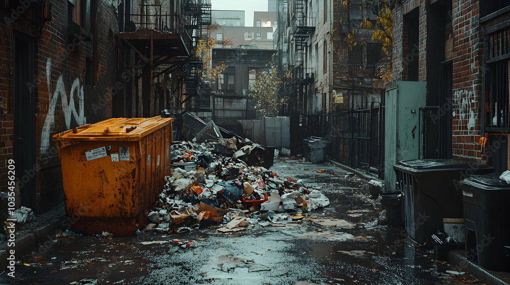 Detailed Shot of an Overflowing Dumpster in a Dimly Lit Alleyway, Highlighting Urban Waste and Neglect Detailed Shot of an Overflowing Dumpster in a Dimly Lit Alleyway, Highlighting Urban Waste and Neglect