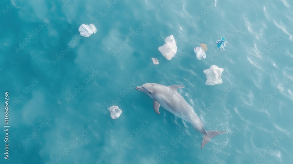 Naklejka premium Melancholy dolphin surrounded by ocean debris highlighting marine pollution
