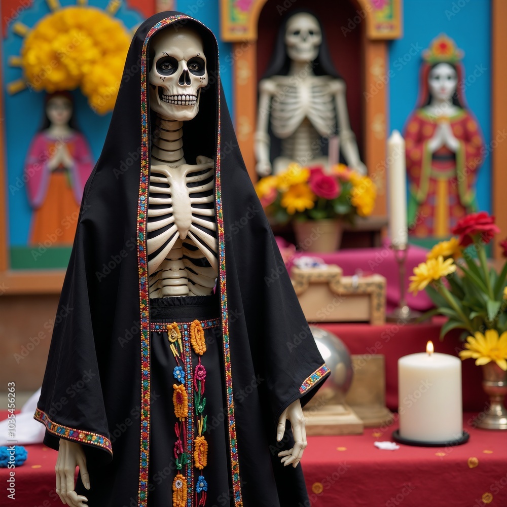 A depiction of La Santa Muerte as a skeletal figure with robed clothing