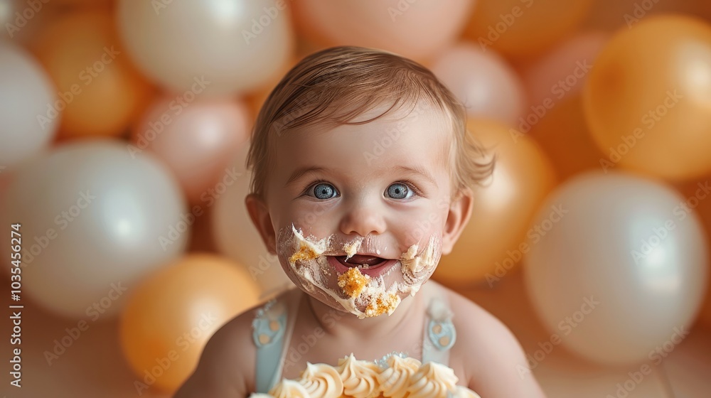 Baby with cake-smeared face smiling at camera, surrounded by balloons background. Baby with cake-smeared face smiling at camera, surrounded by balloons background.