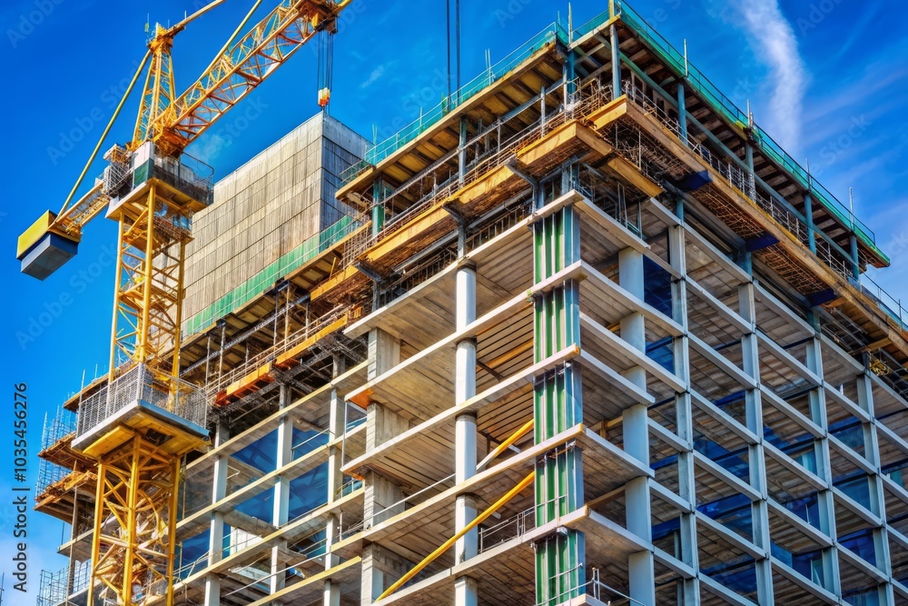 The striking contrast of a tower crane against a modern building under construction and a bright blue sky makes it ideal for real estate and construction marketing. The striking contrast of a tower crane against a modern building under construction and a bright blue sky makes it ideal for real estate and construction marketing.