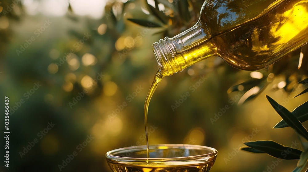 Golden olive oil pours from bottle into glass bowl, sunlight filtering through leaves creates a warm, inviting ambiance in rustic outdoor setting. Golden olive oil pours from bottle into glass bowl, sunlight filtering through leaves creates a warm, inviting ambiance in rustic outdoor setting.